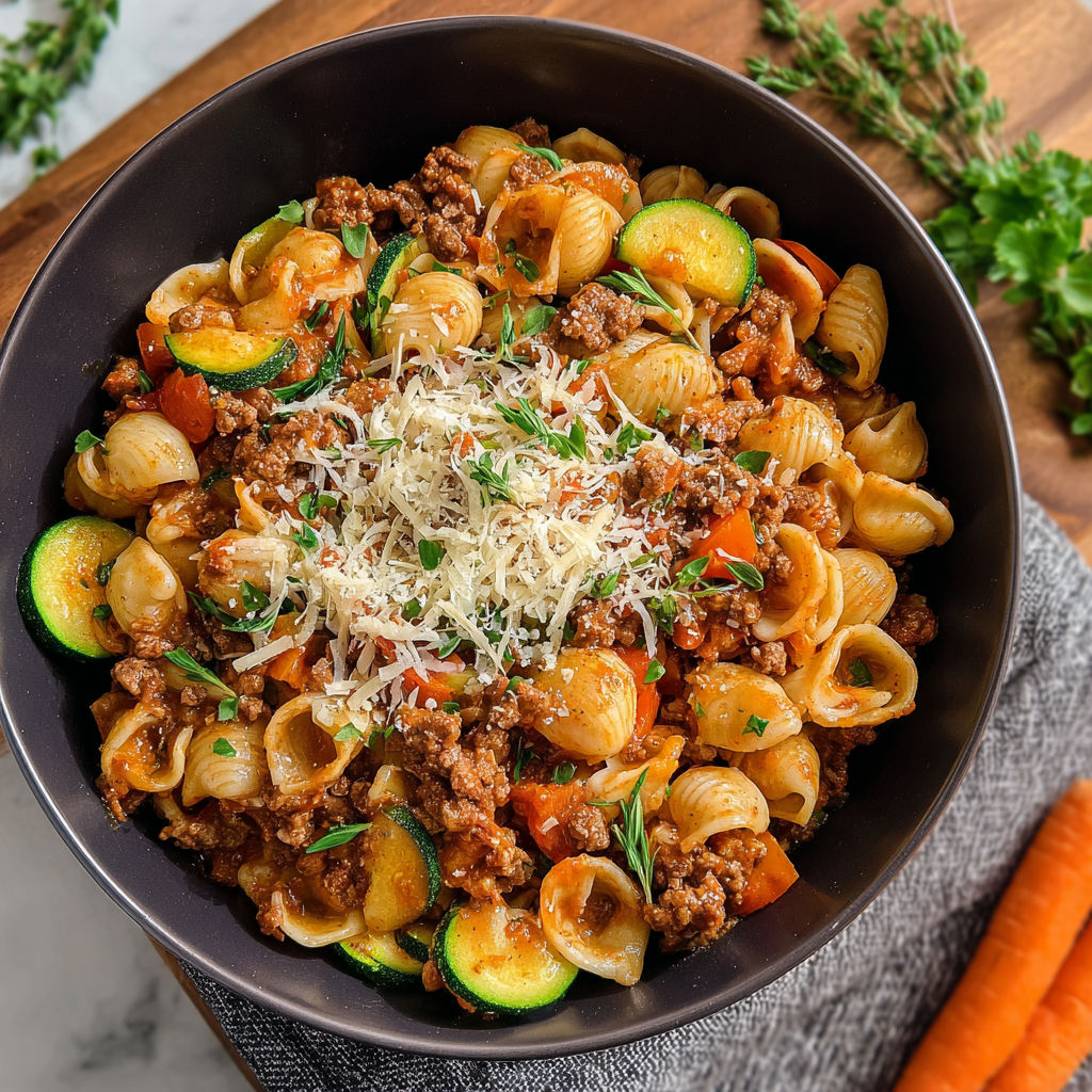 A bowl of pasta with meat and cheese.