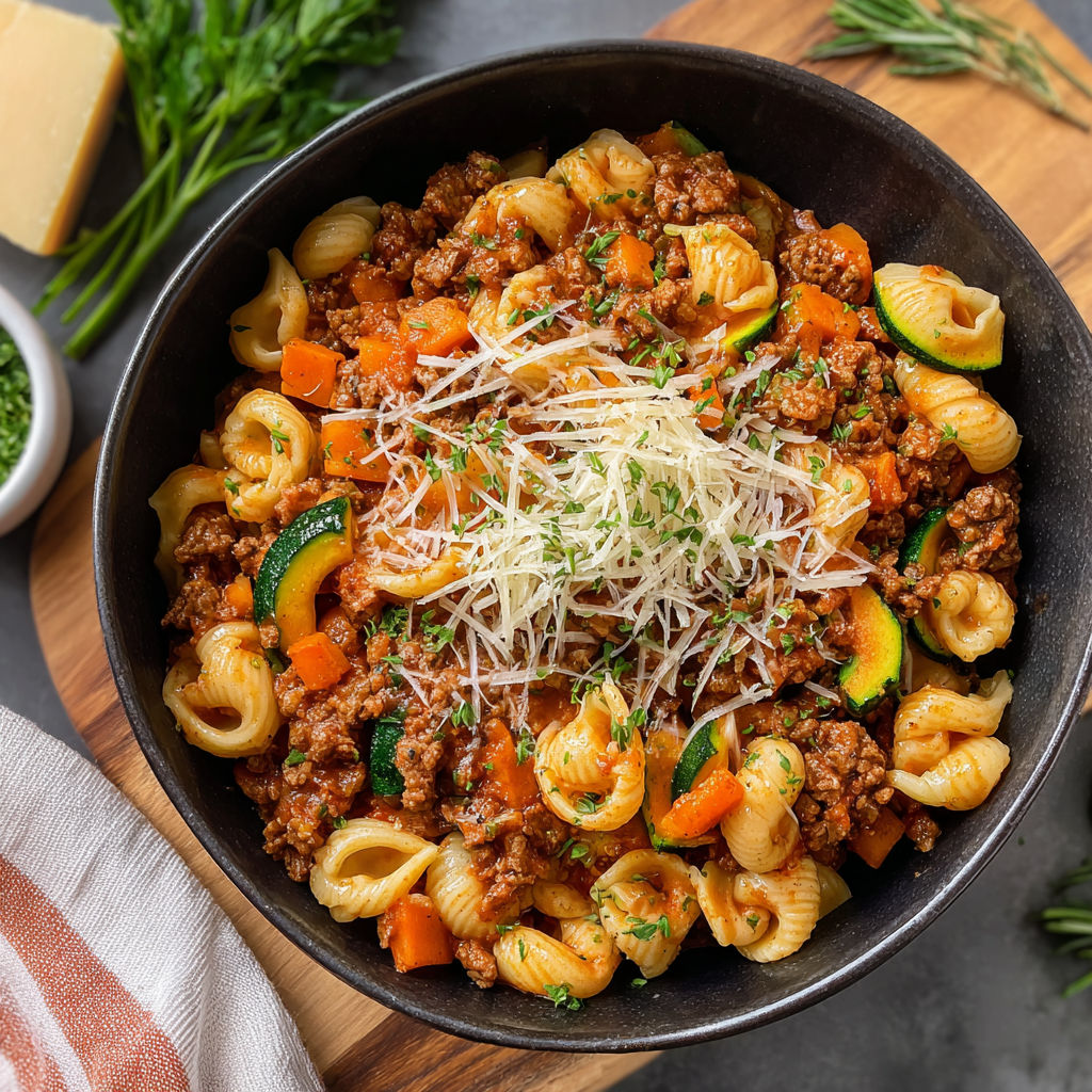 A bowl of pasta with meat and cheese on top.