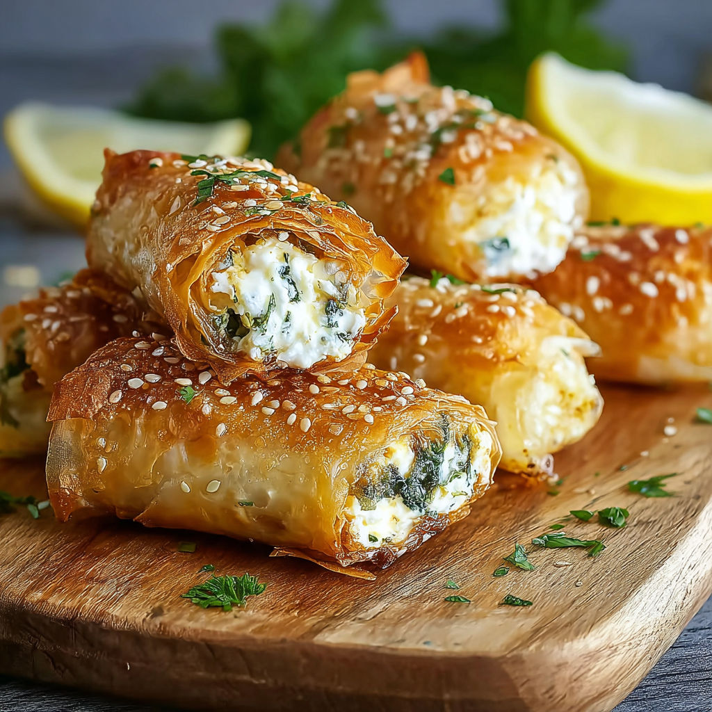 A plate of feta rolls with a lemon wedge on the side.