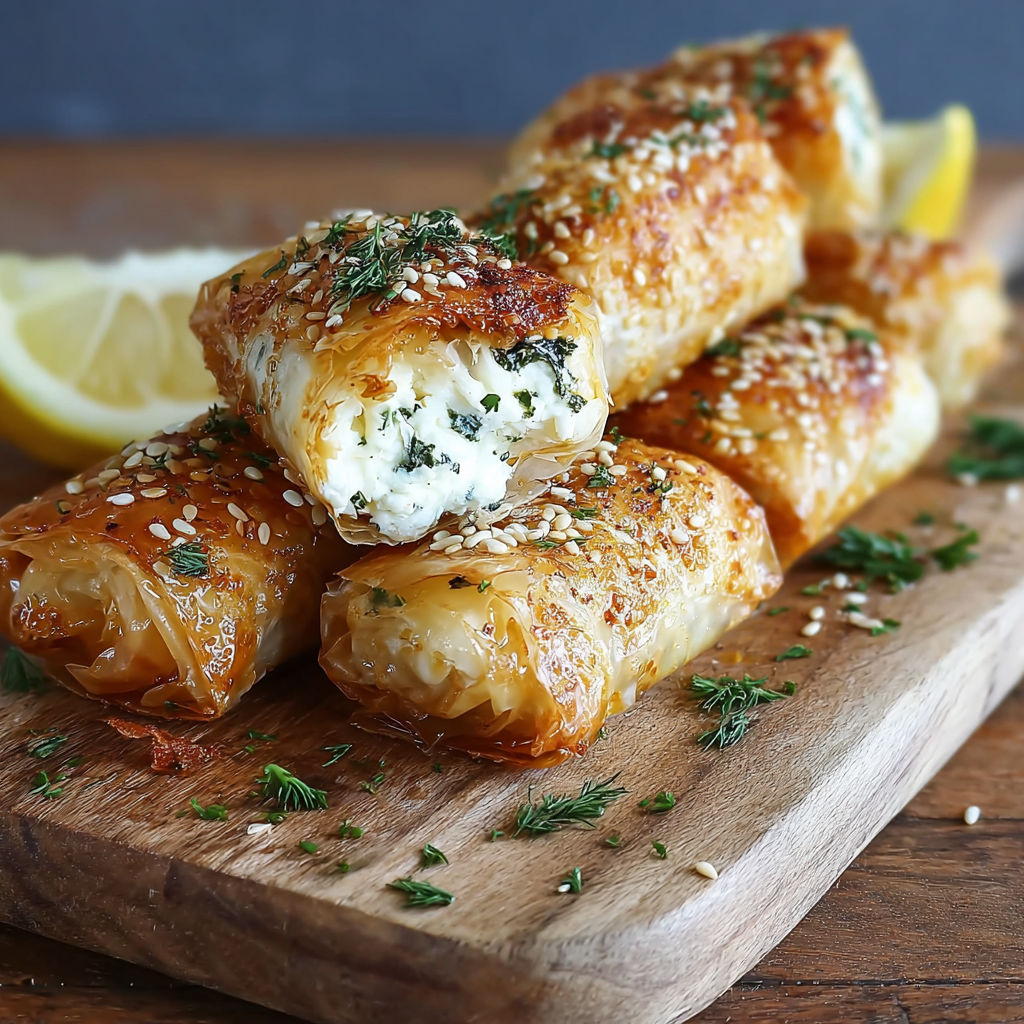 A wooden cutting board with a stack of food items.