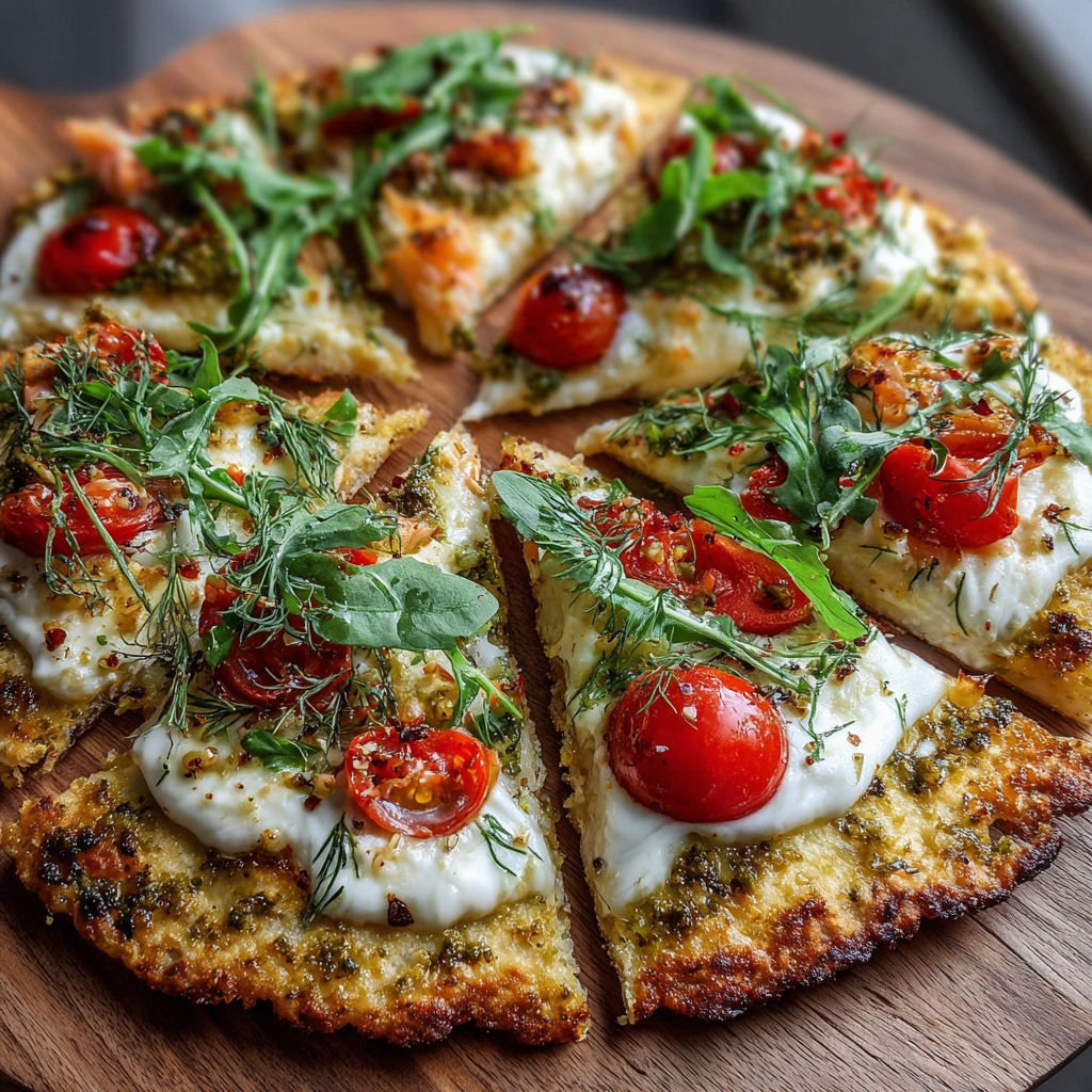 A pizza with tomatoes and basil on a wooden board.