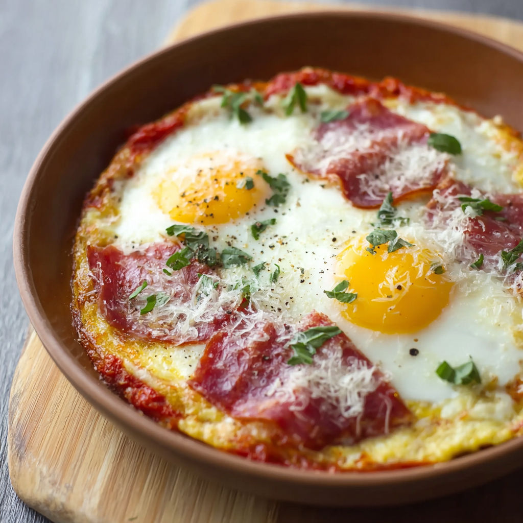 A pizza with eggs and bacon.