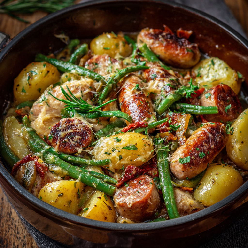 A bowl of sausage and potatoes.