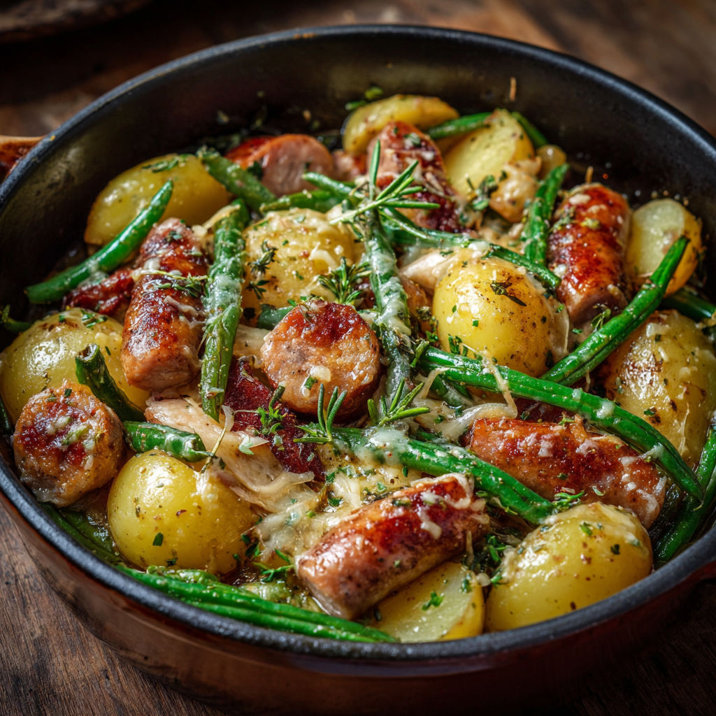 A dish of sausage, potatoes, and green beans.