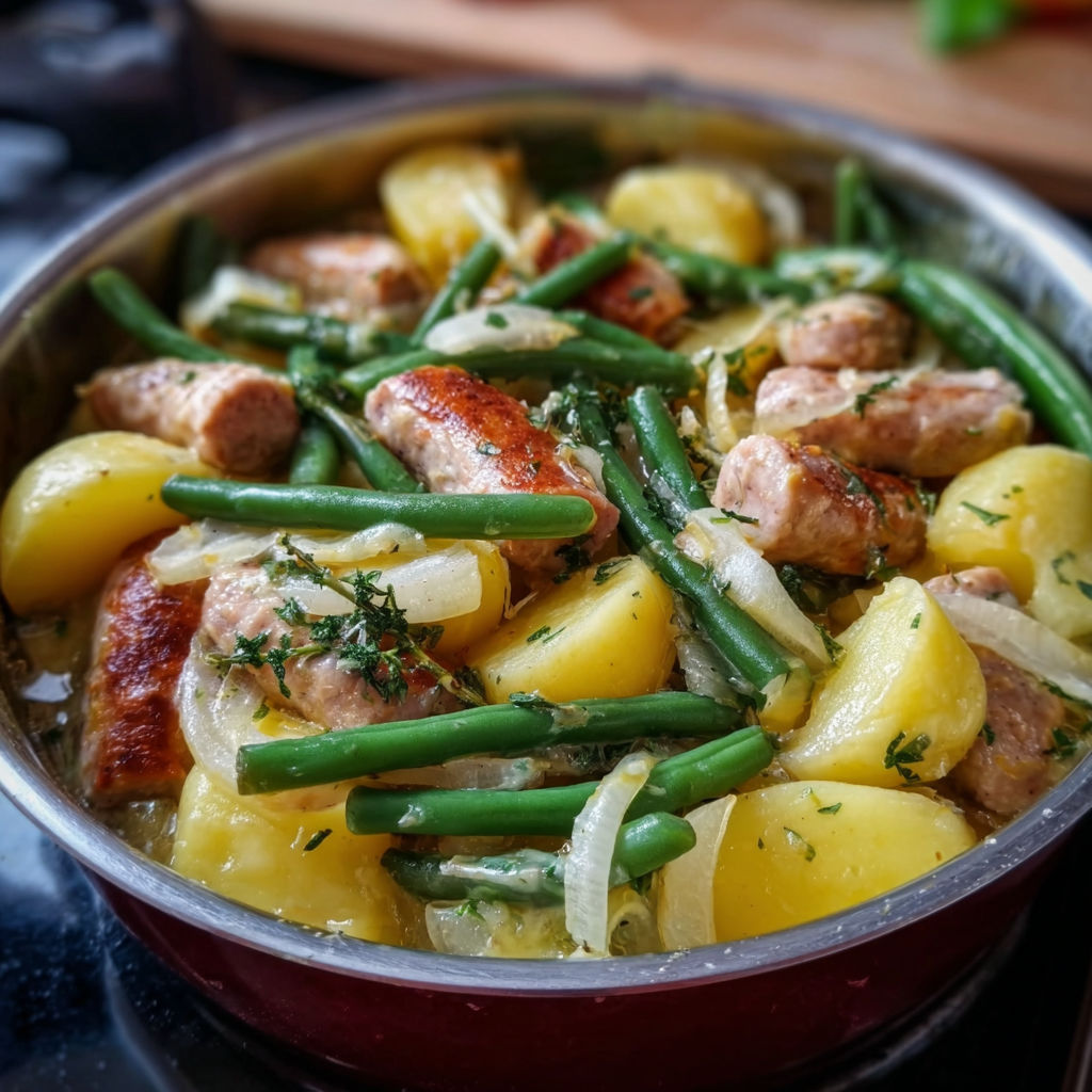 A bowl of food with potatoes, onions, and green beans.