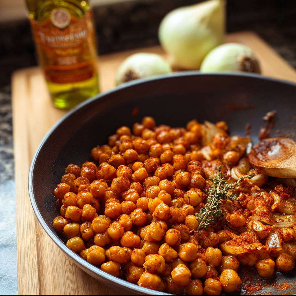 A bowl of cooked chickpeas with a spoon in it.