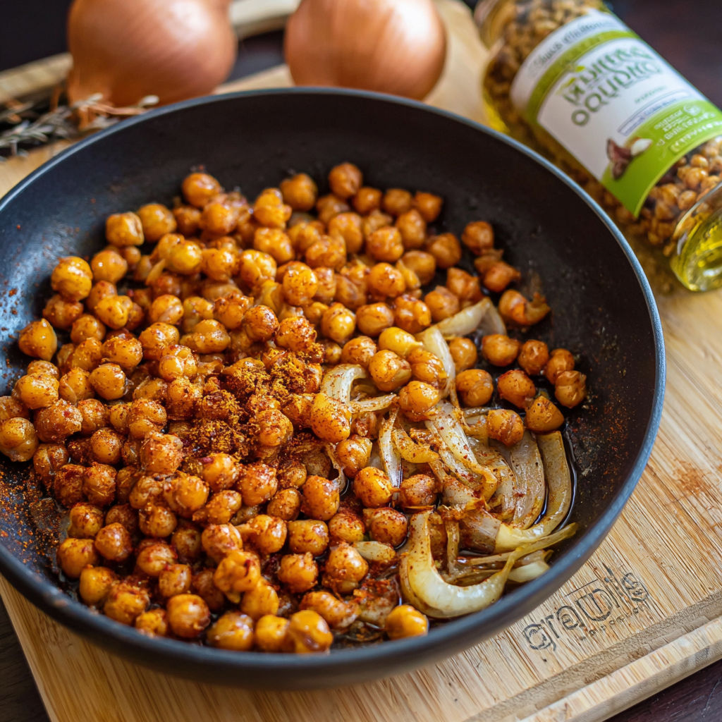 A bowl of cooked chickpeas with onions and spices.