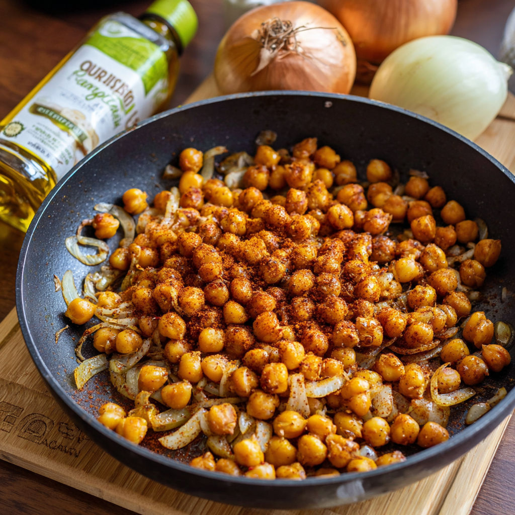 A pan of cooked chickpeas with onions and spices.