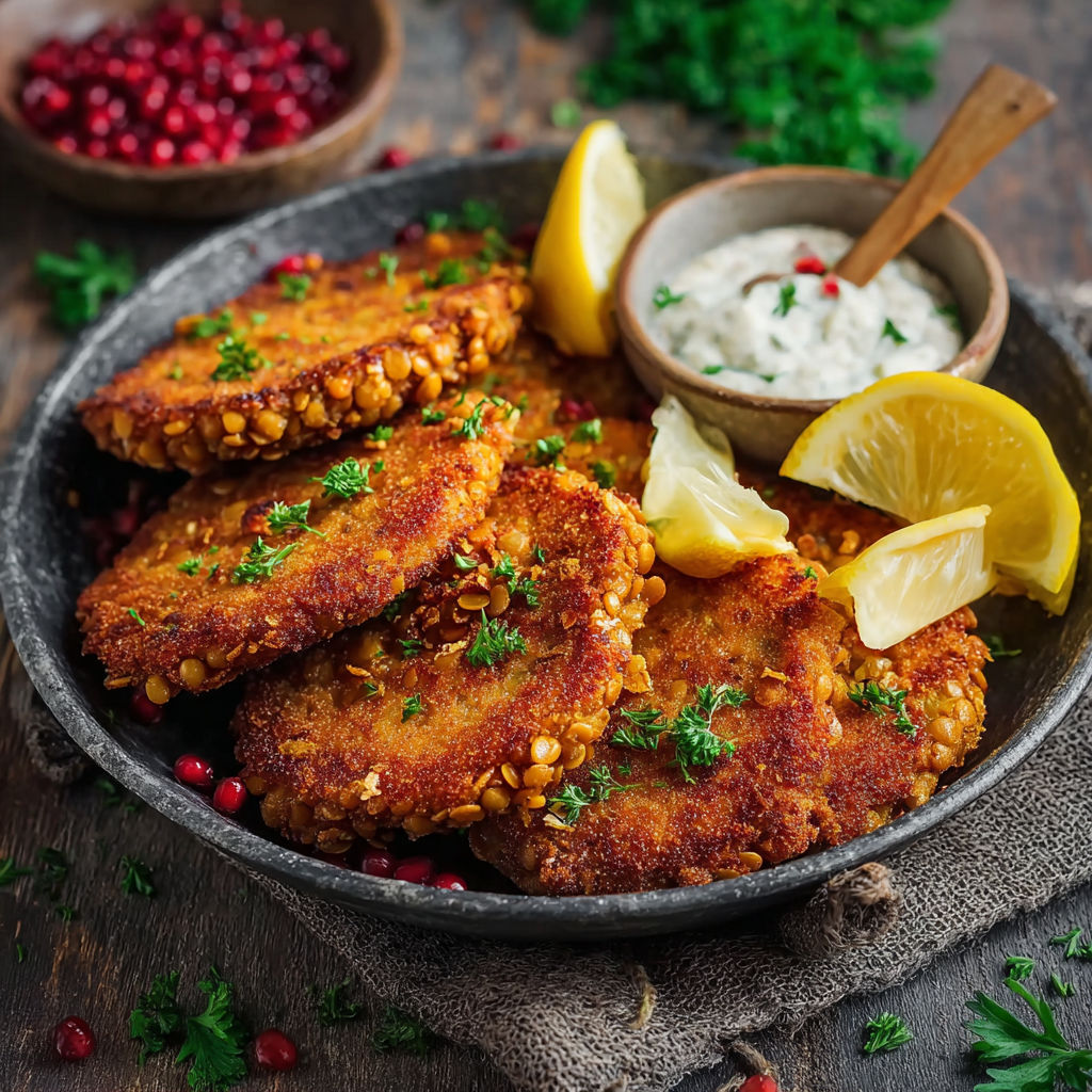 A bowl of breaded meat with lemon wedges on the side.