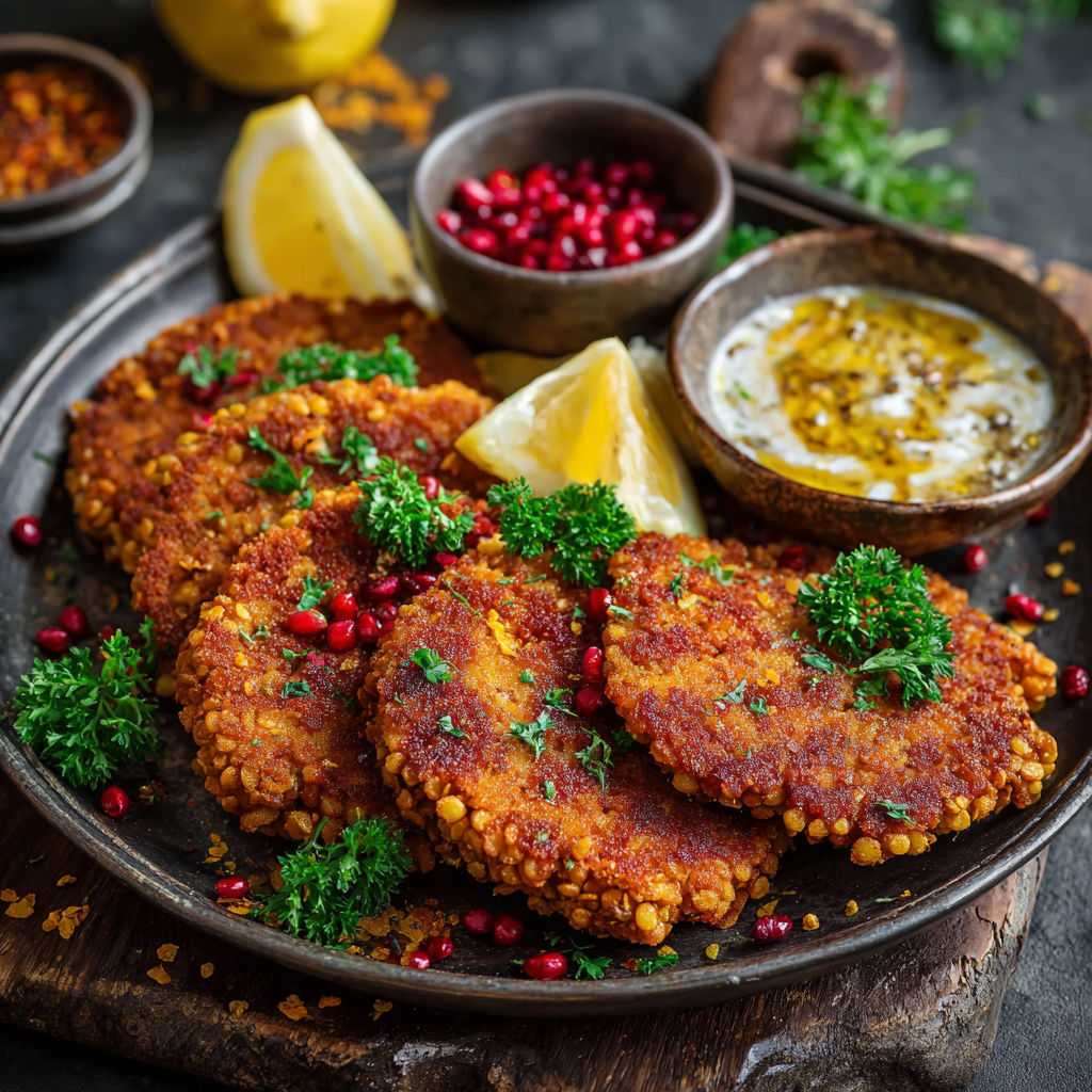 A plate of food with a bowl of sauce and a lemon wedge.