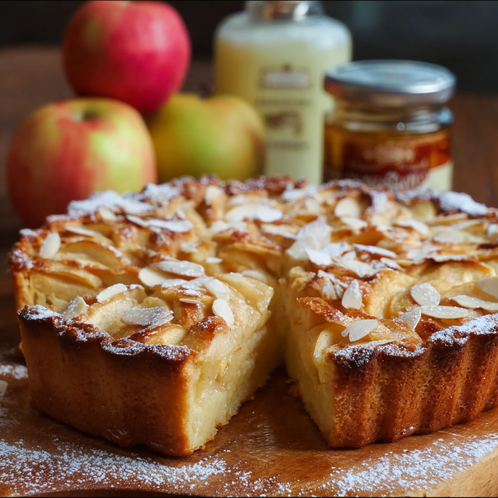 A slice of apple pie with powdered sugar on top.