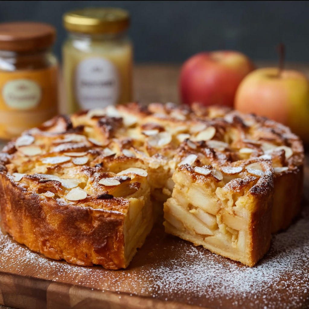 A slice of apple pie with a spoonful of honey on top.