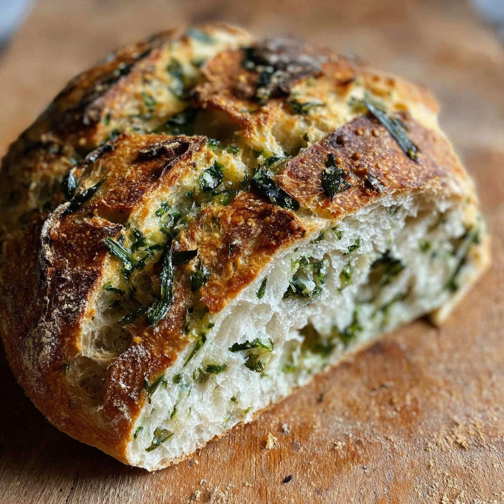 A loaf of bread with green herbs on top.