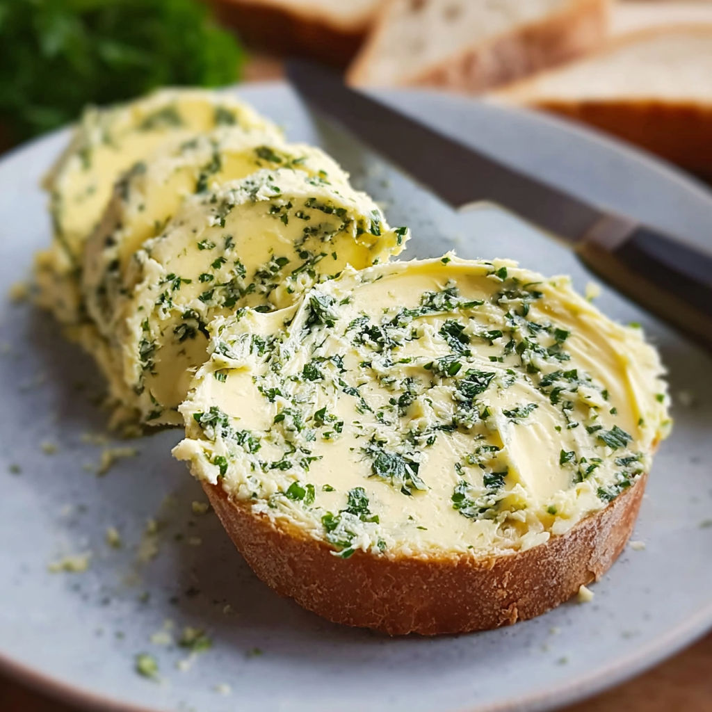 A slice of bread with butter and herbs on it.