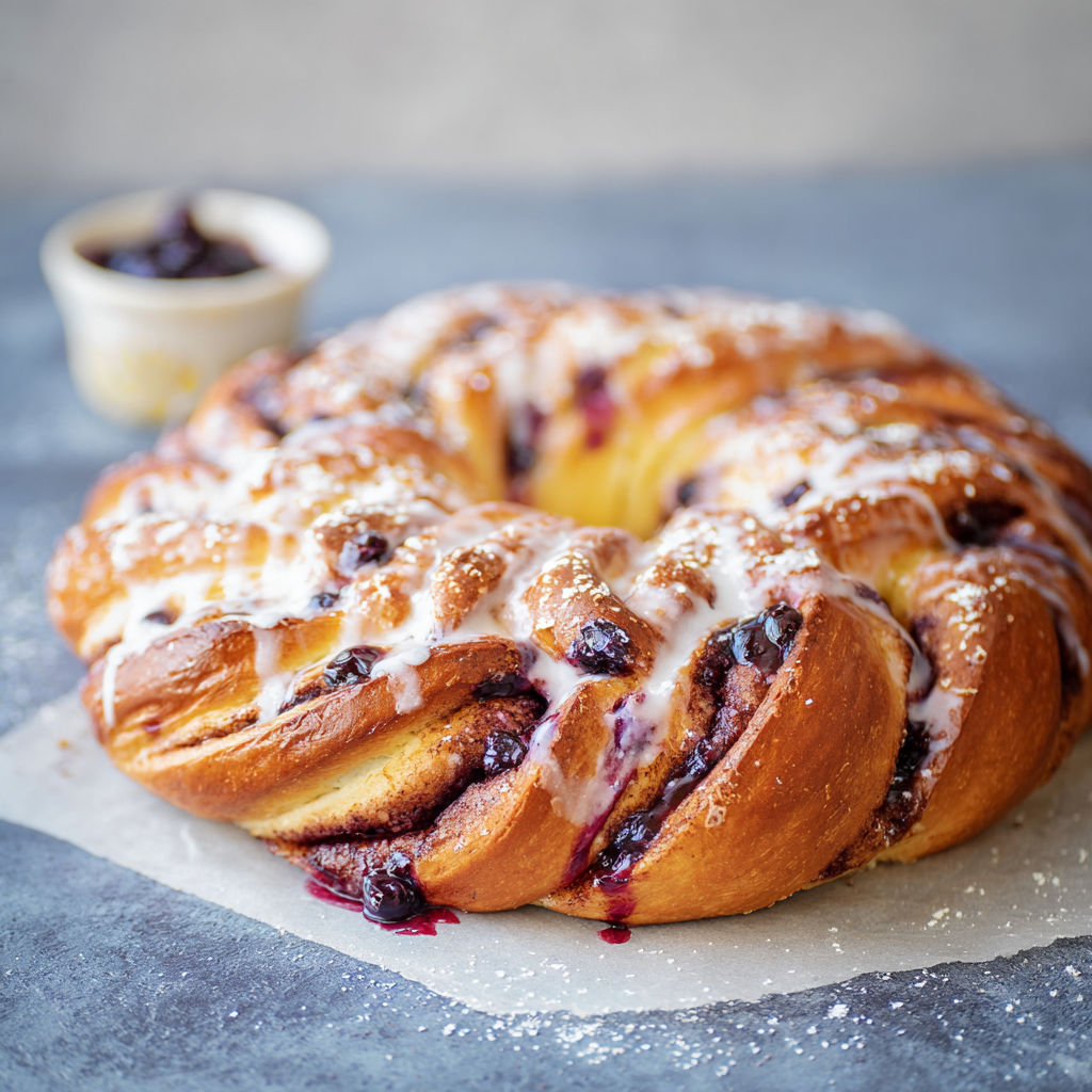 A pastry with blueberries and powdered sugar.