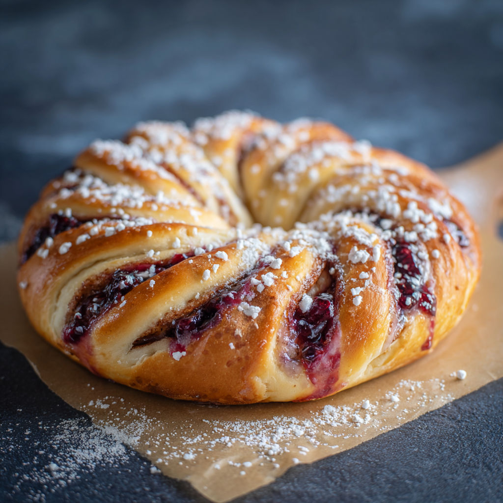 A pastry with powdered sugar and berries on top.
