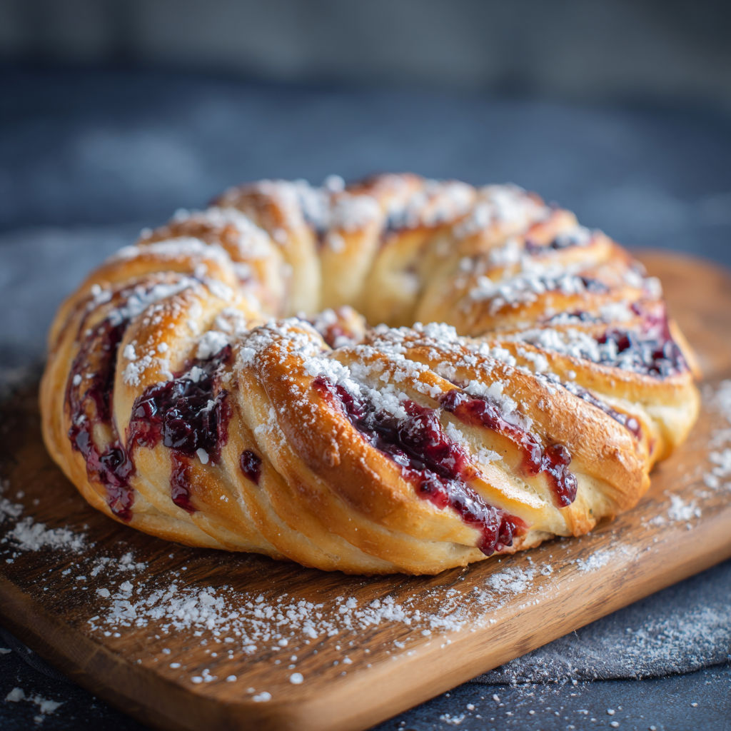 A pastry with powdered sugar and berries on top.