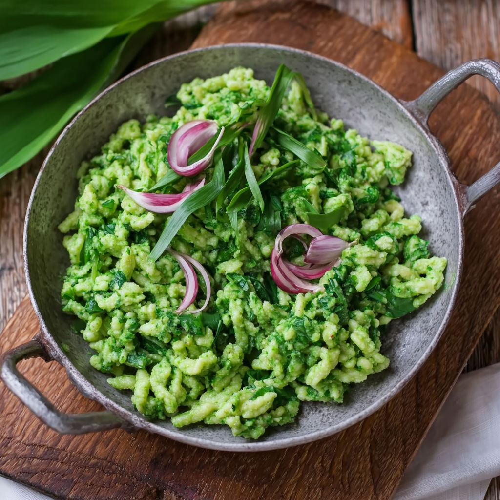 A bowl of Spätzle with onions and green vegetables.