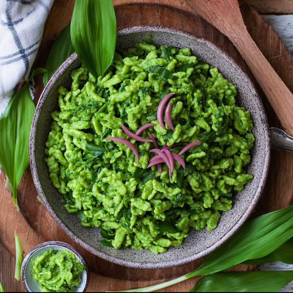 A bowl of green pasta with a pink onion on top.
