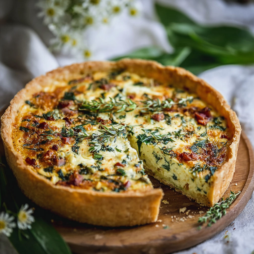 A slice of quiche with baerlauch.