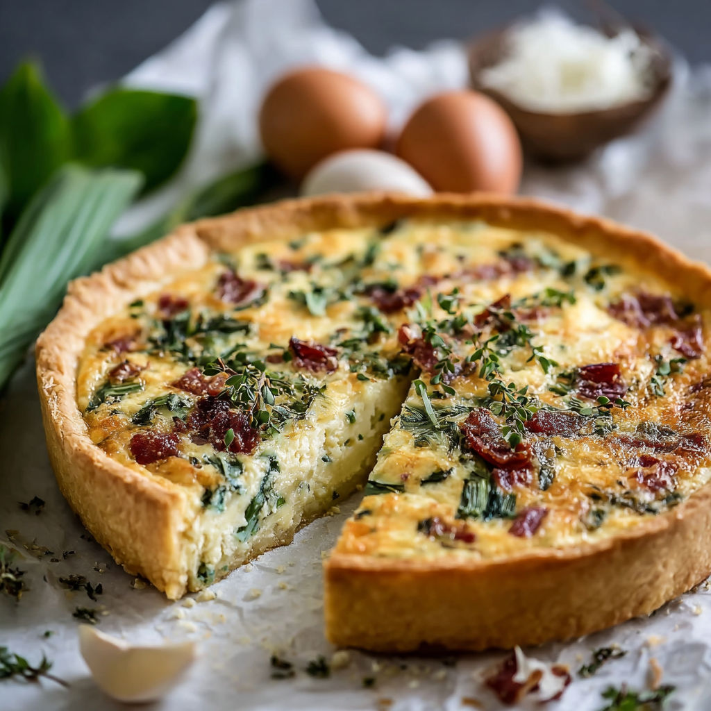 A slice of quiche with spinach and bacon.