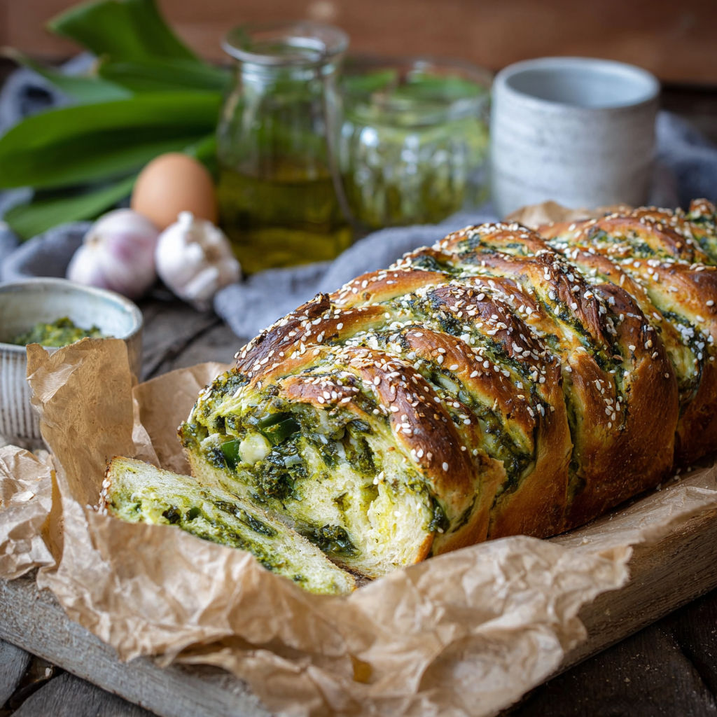 A loaf of bread with green toppings.