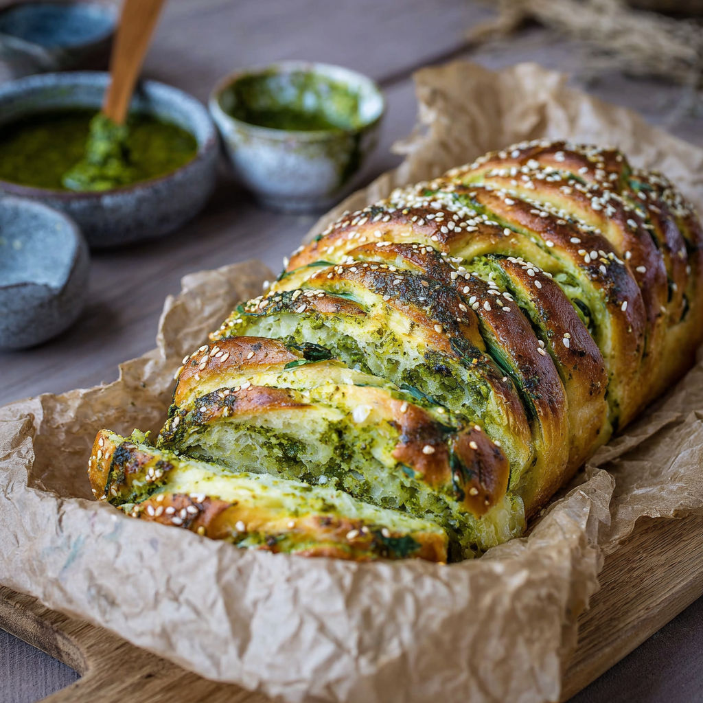 A loaf of bread with a green topping.