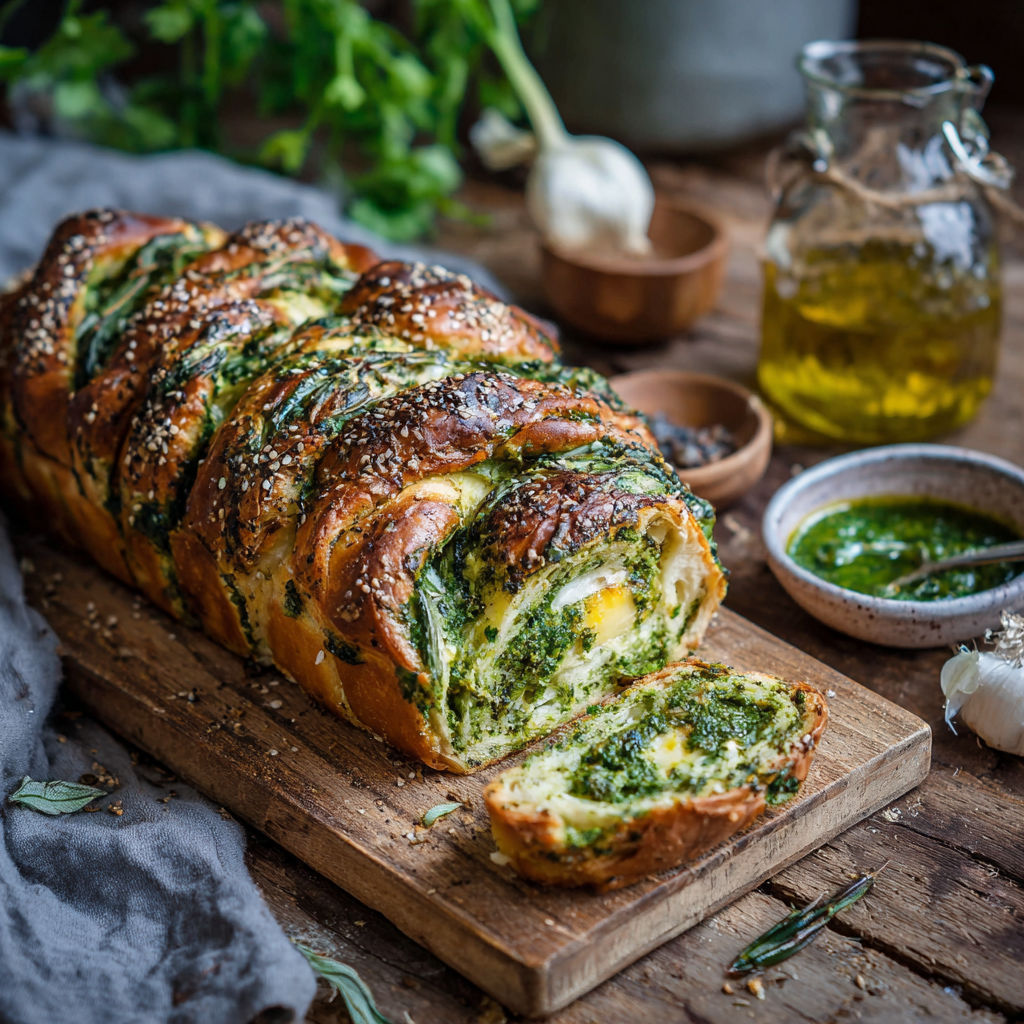 A loaf of bread with green toppings.