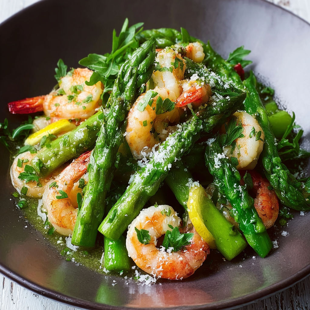 A bowl of shrimp and asparagus salad.