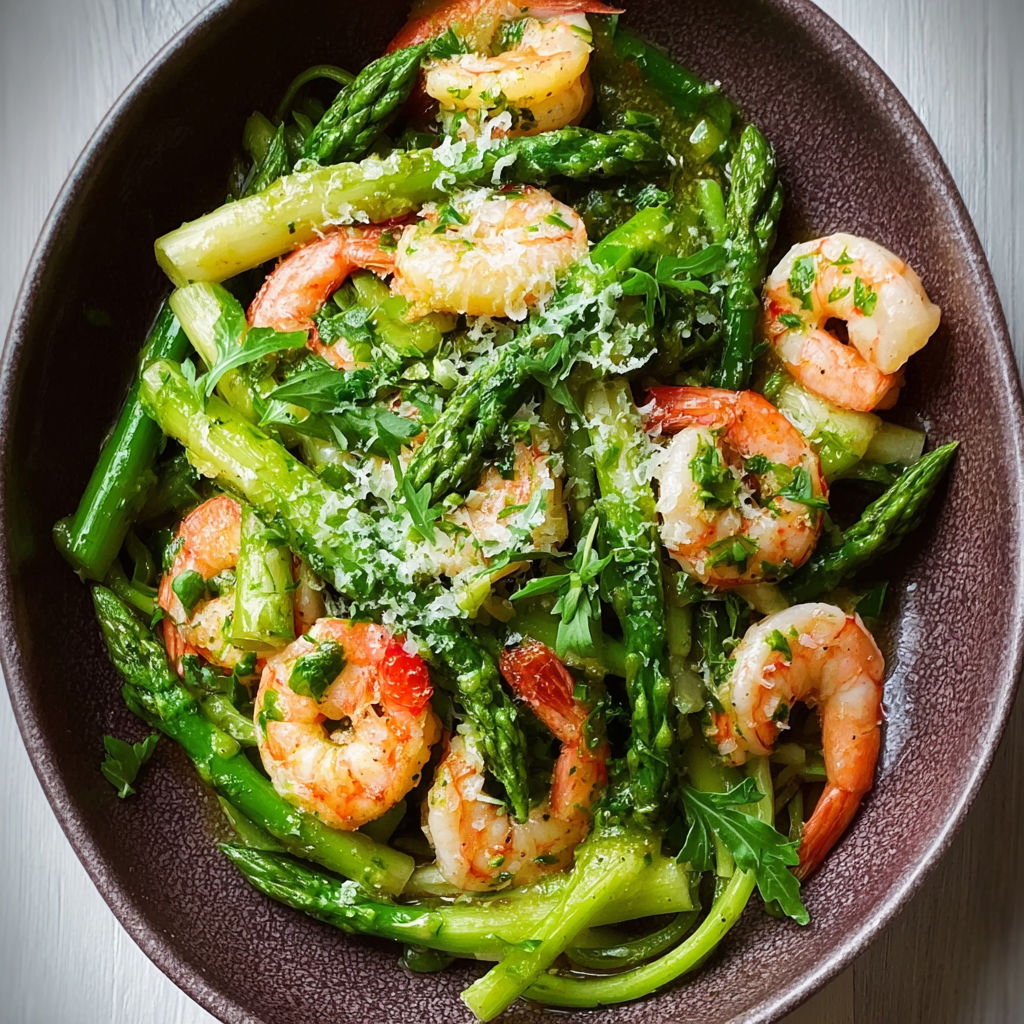 A bowl of shrimp and asparagus.