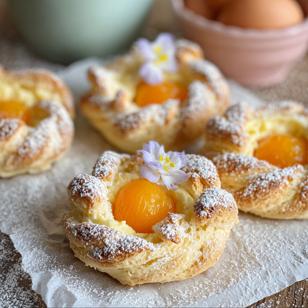 A pastry with a yellow filling and a purple flower on top.