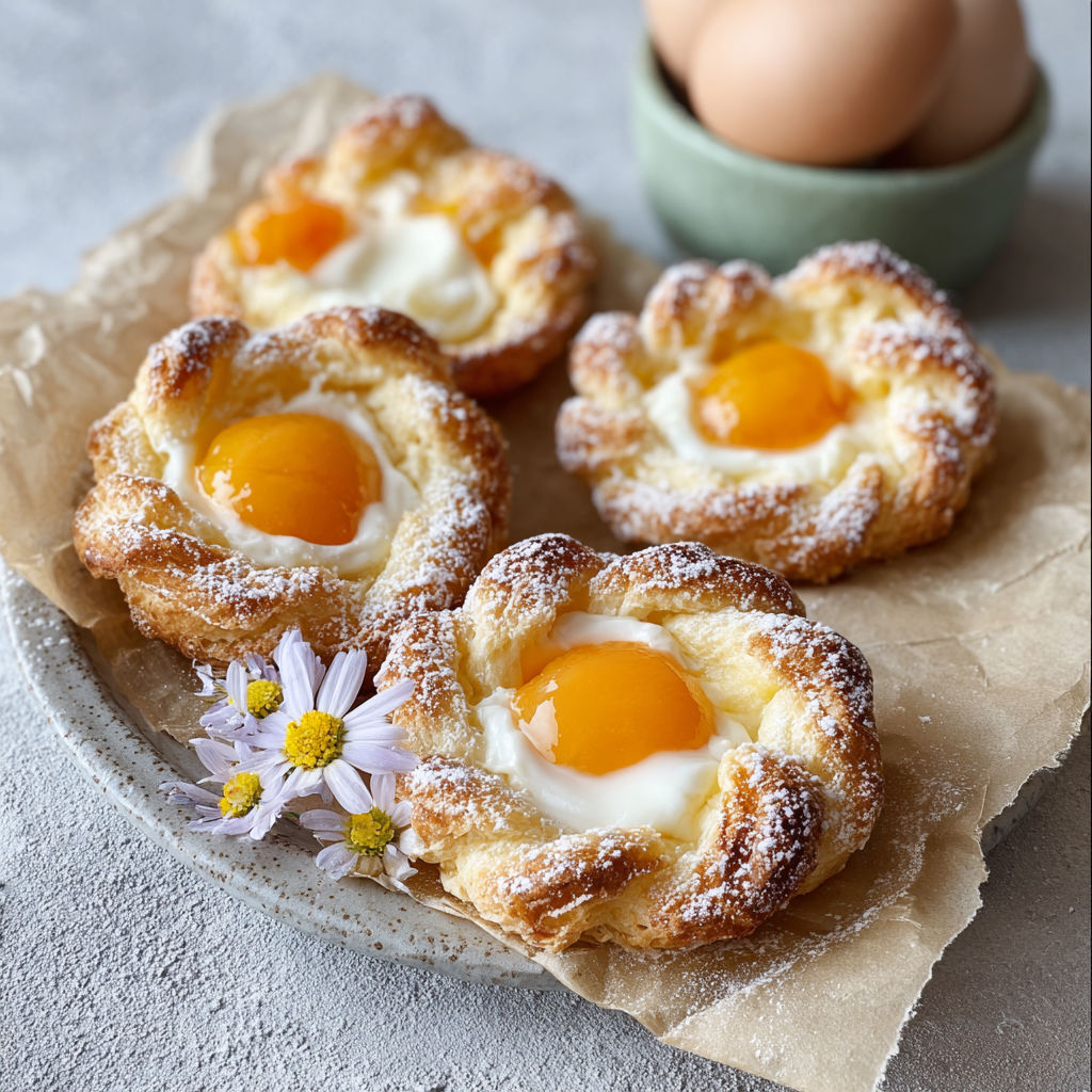 A plate of pastries with eggs in the middle.