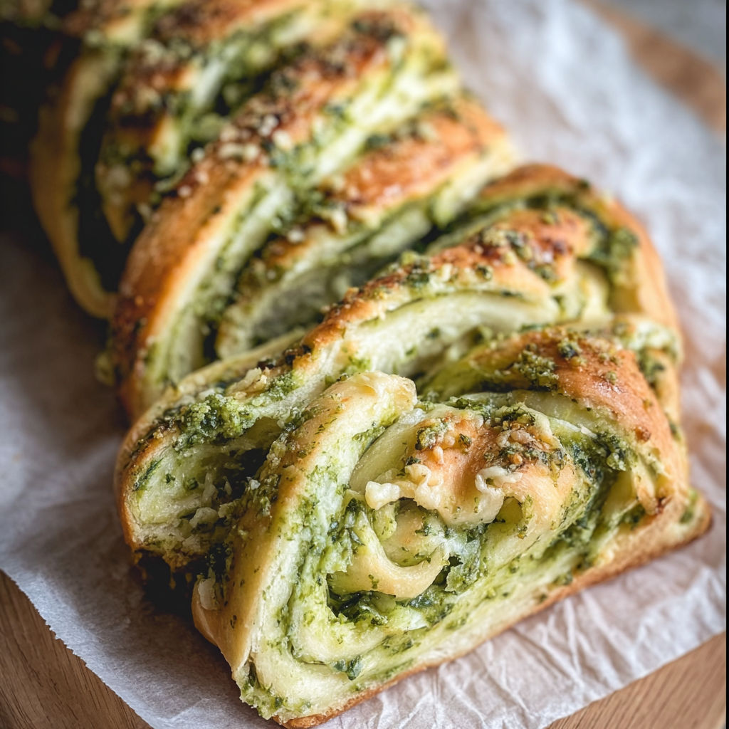 A roll of bread with green stuff on it.