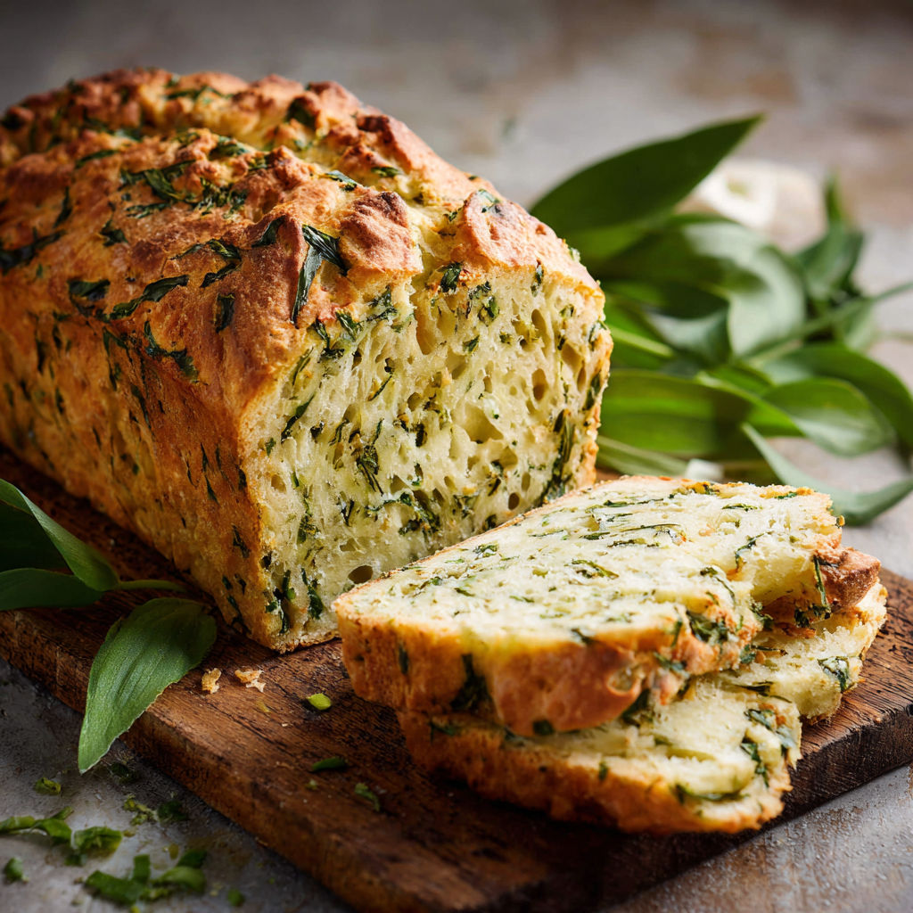A loaf of bread with herbs on top.