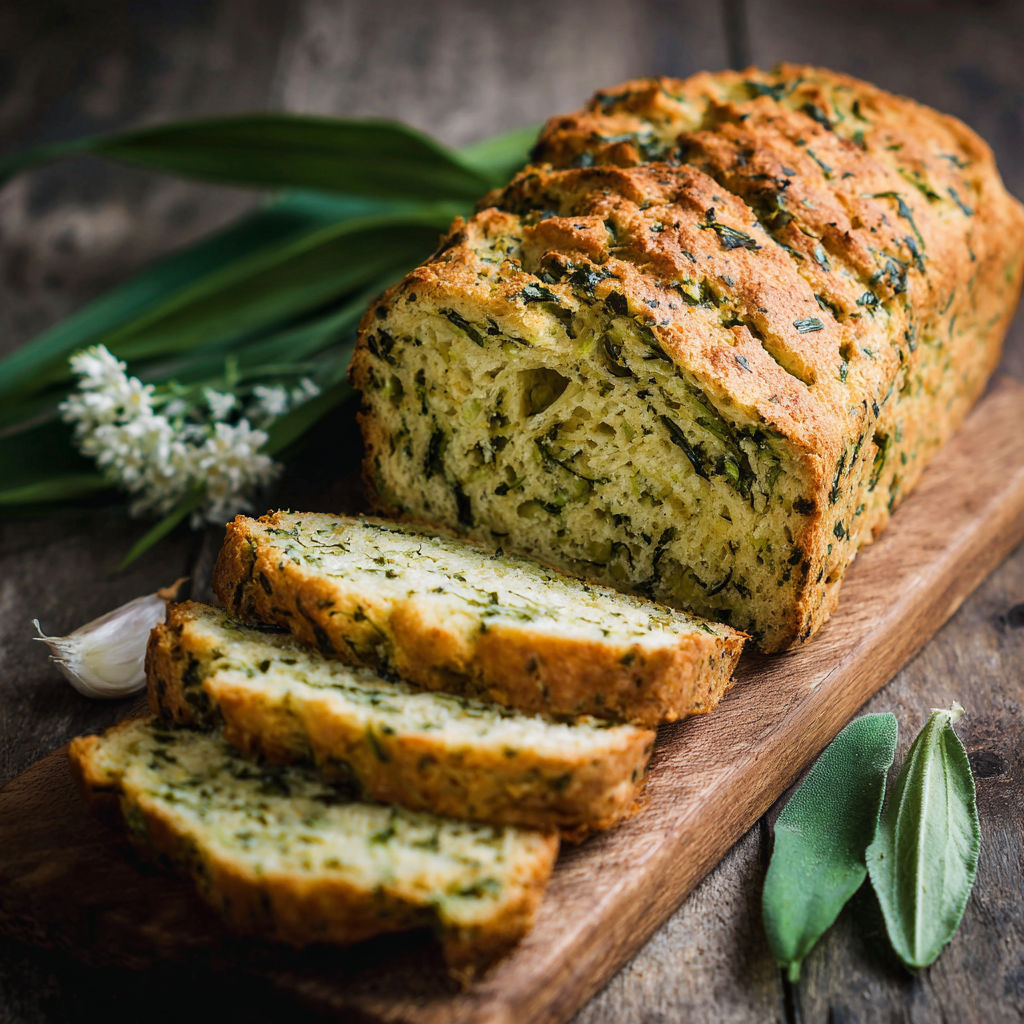 A loaf of bread with green herbs on top.
