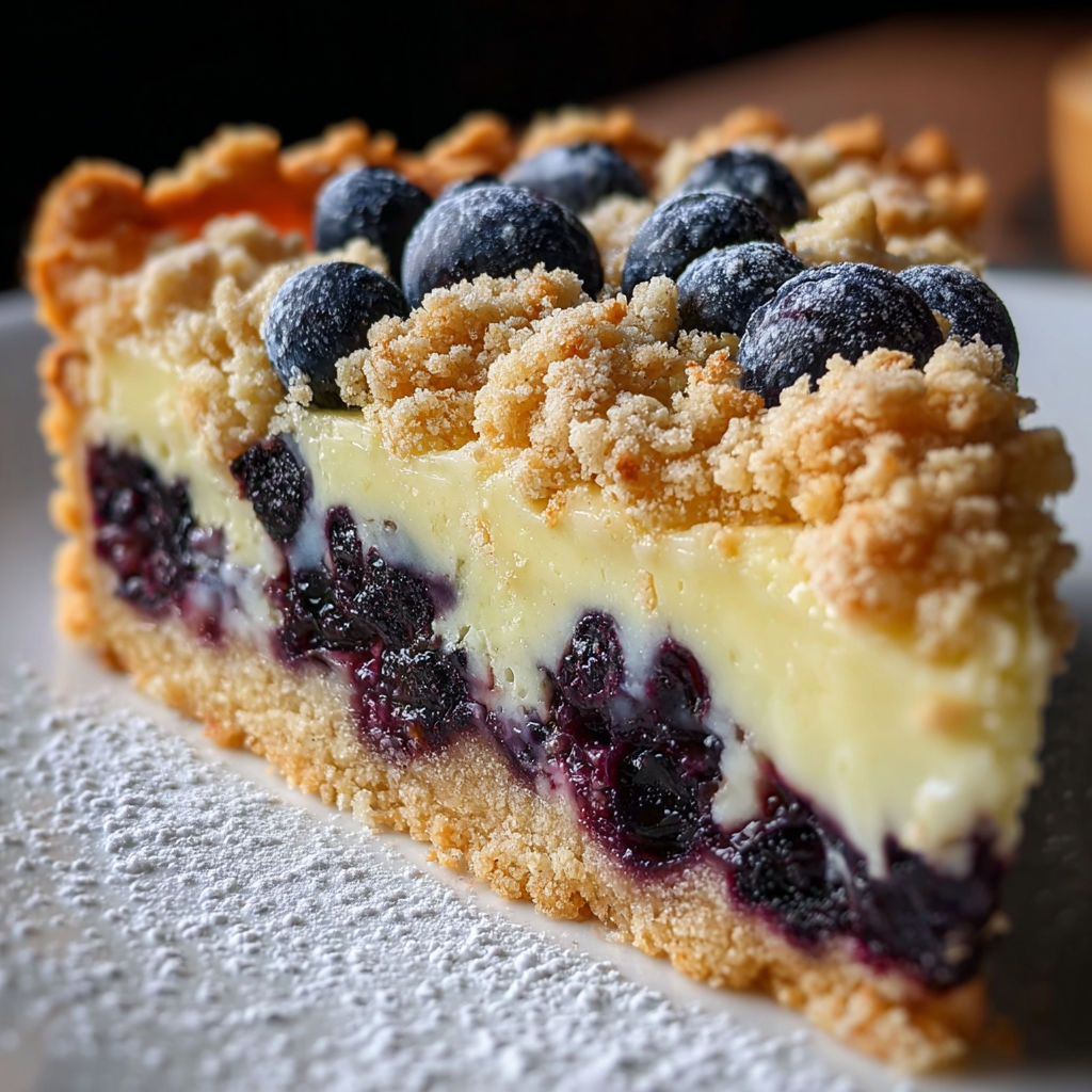 A slice of blueberry cake with powdered sugar on top.