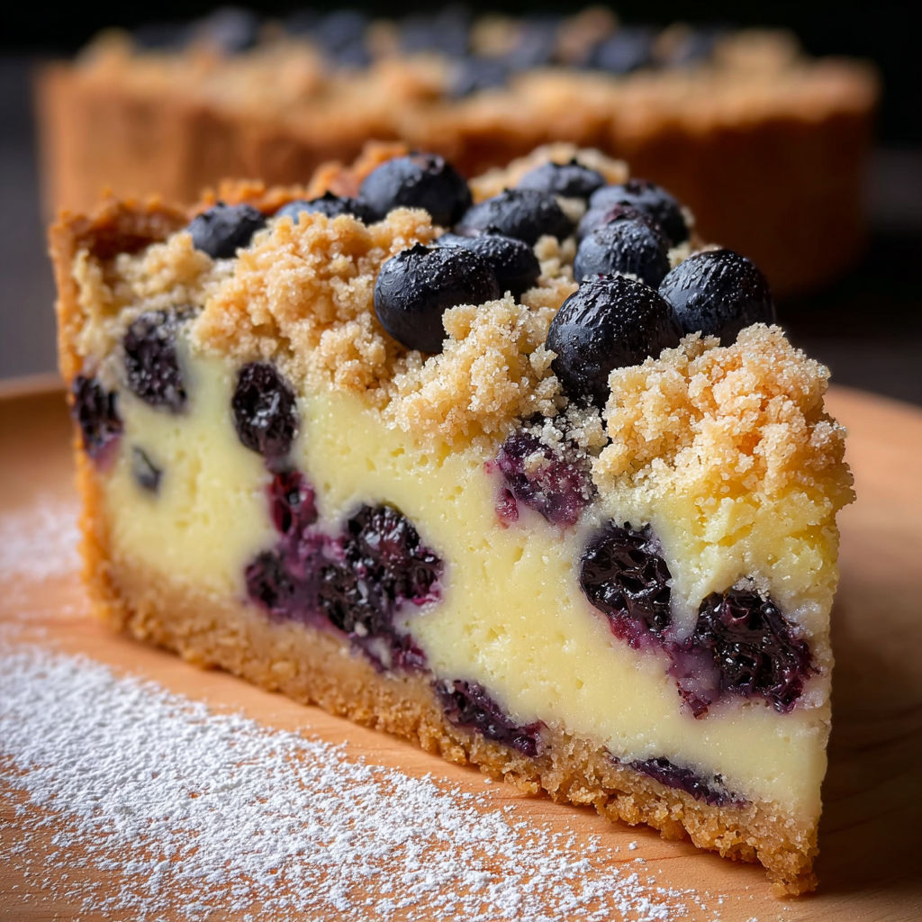 A slice of Blaubeerkuchen with Pudding and Streusel.