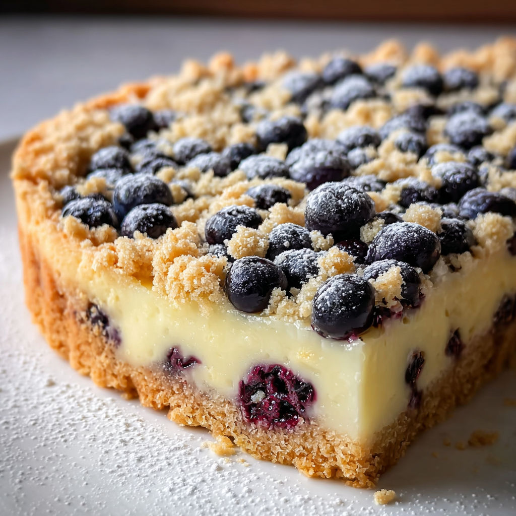 A slice of Blaubeerkuchen with Pudding and Streusel.