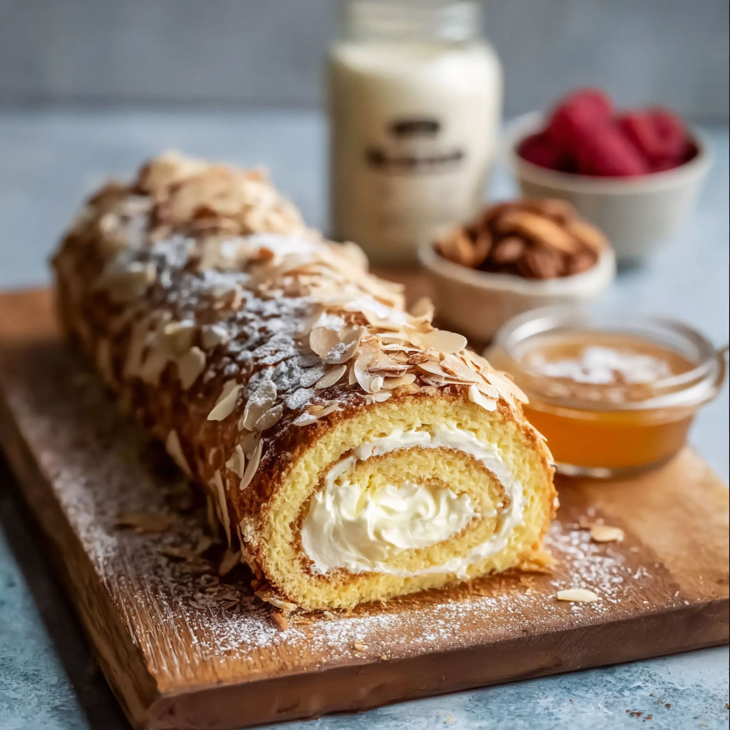 A cake roll with white frosting and almonds.