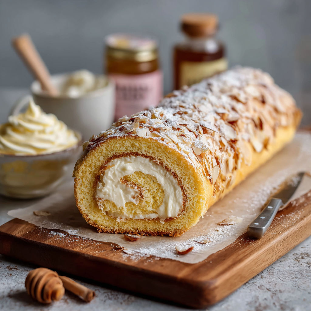 A cake with white frosting and a cinnamon roll on top.