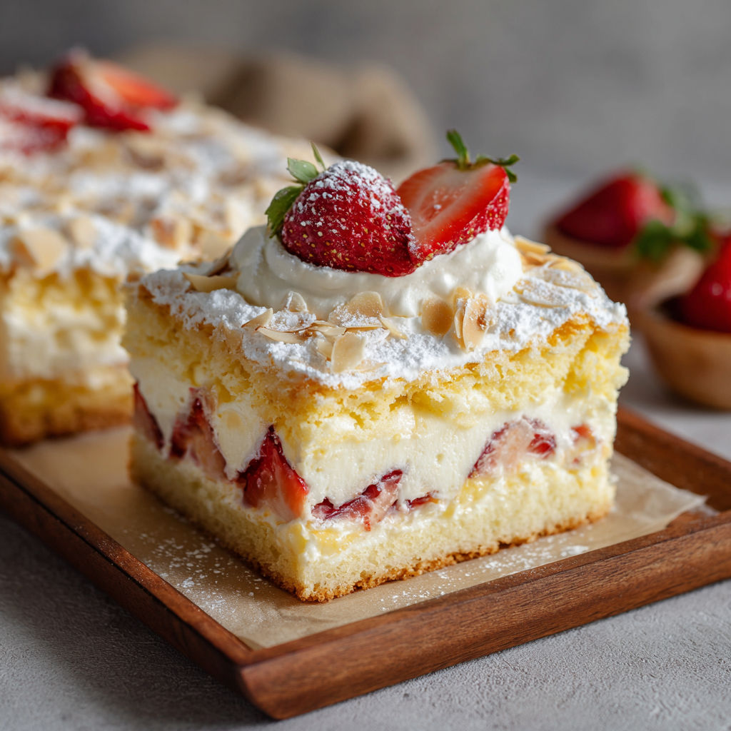 A slice of cake with strawberries on top.