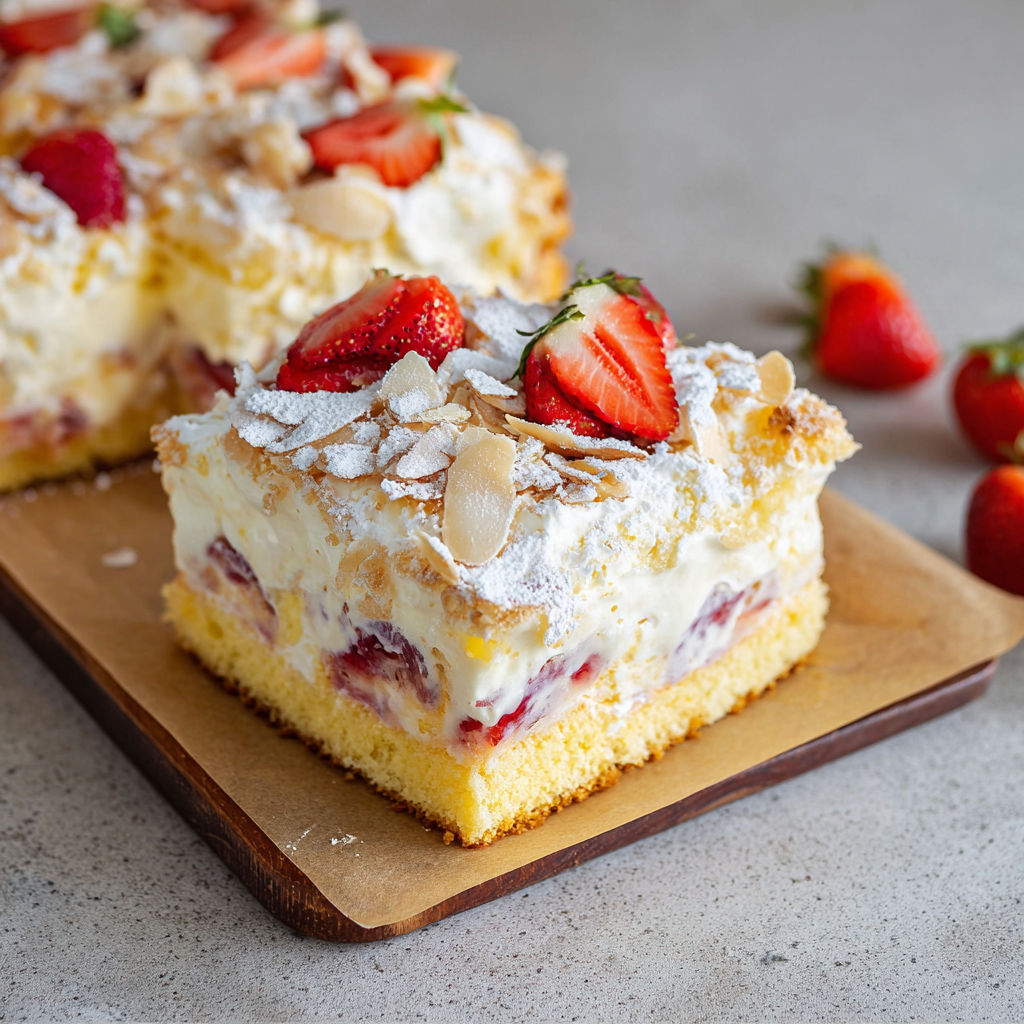 A slice of cake with strawberries and almonds on top.