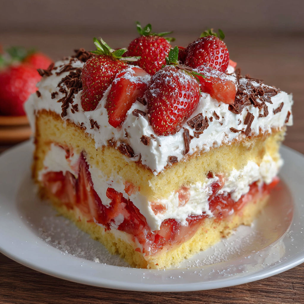 A slice of cake with strawberries and whipped cream.