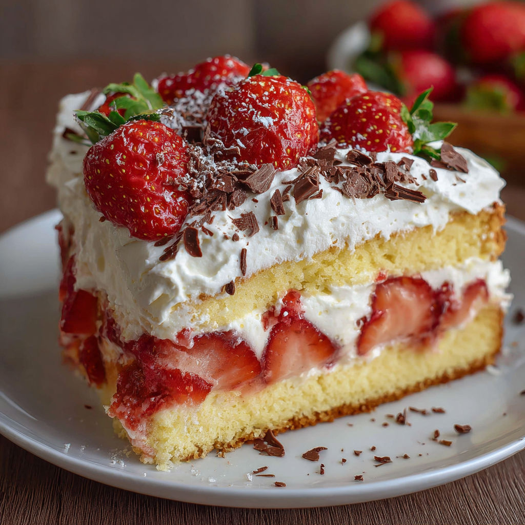A slice of cake with strawberries and chocolate.