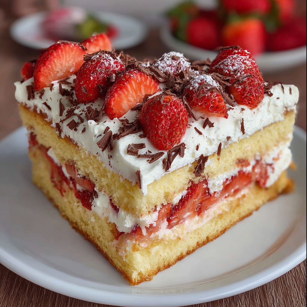 A slice of cake with strawberries on top.
