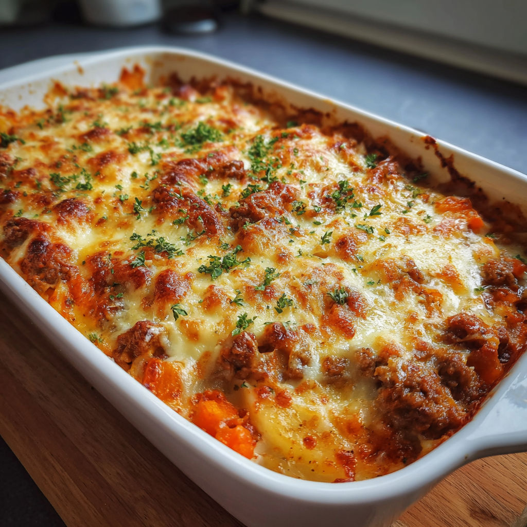 A white bowl filled with a cheesy meat dish.