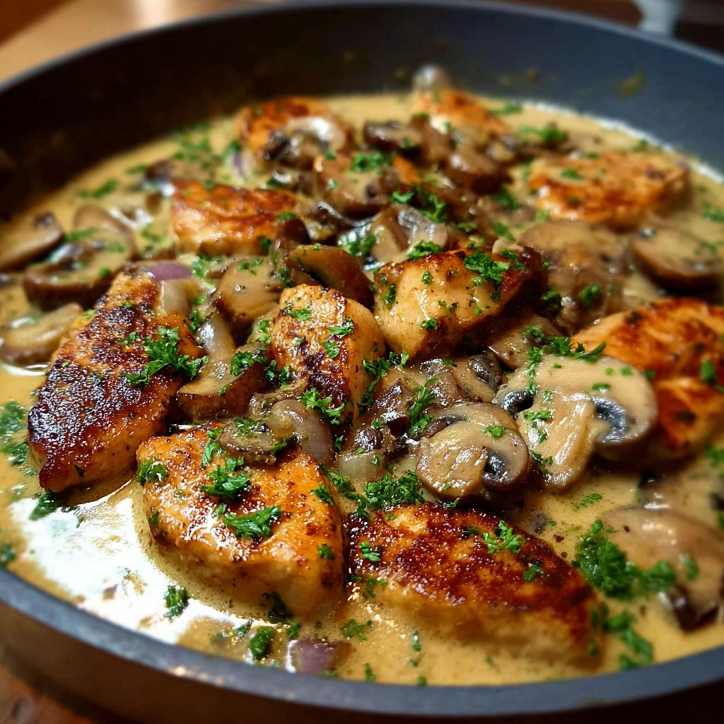 A pan of chicken with mushrooms and onions.