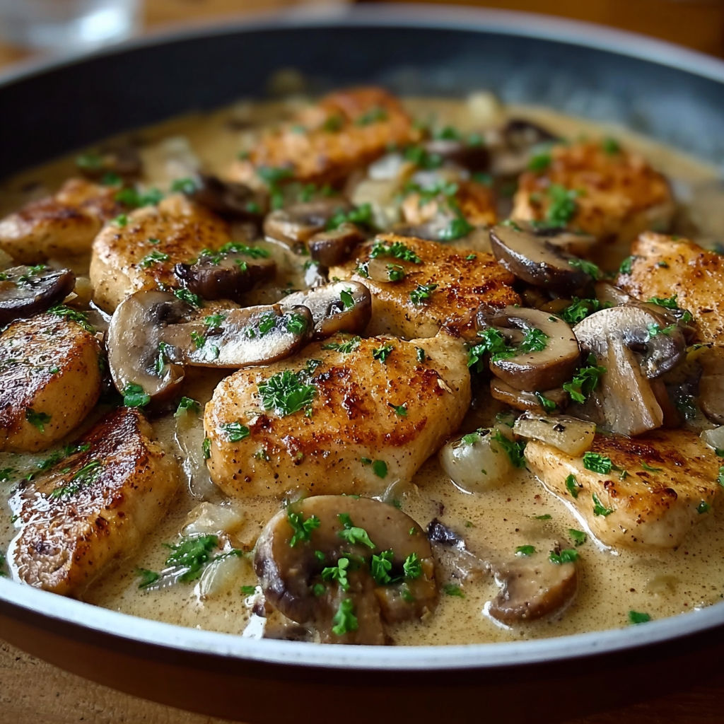 A pan of chicken with mushrooms and onions.