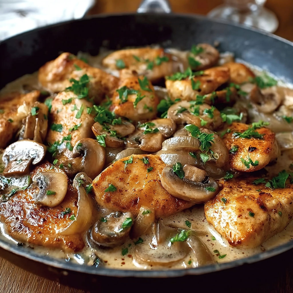 A pan of chicken with mushrooms and herbs.