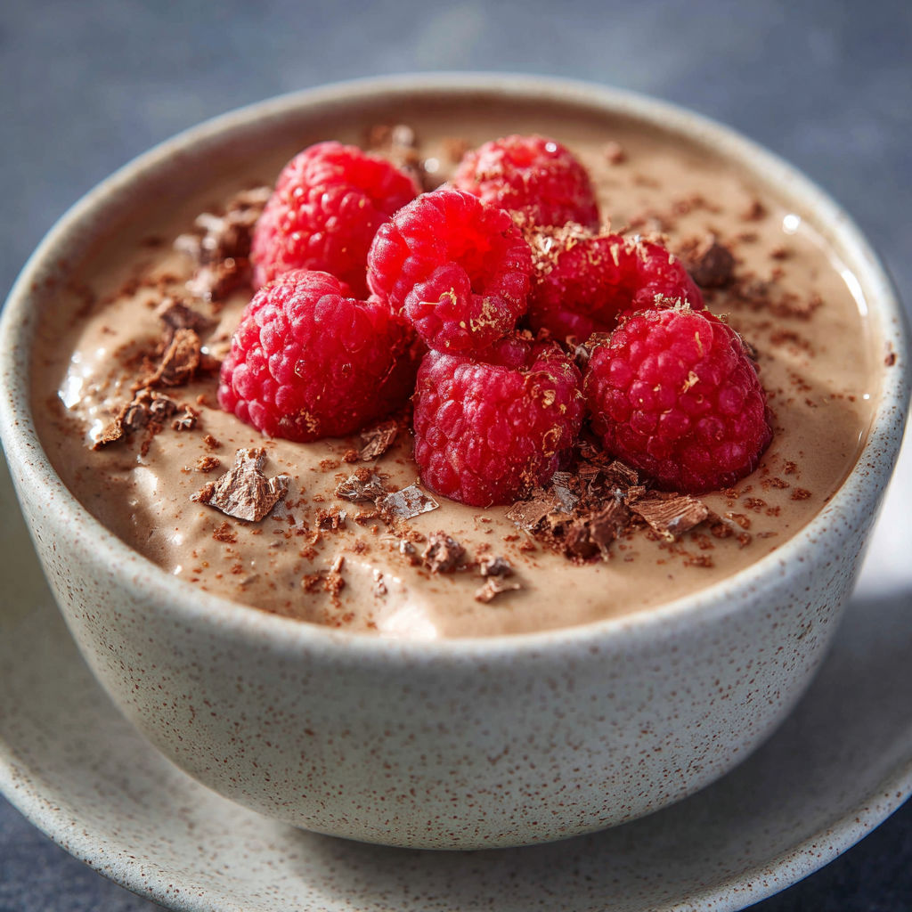 A bowl of pudding with raspberries on top.